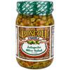 Boscoli Jalapeno Olive Salad, jar filled with green olives, jalapenos, and seasoning in a 15.5oz glass jar with green lid and label.