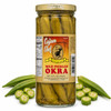Cajun Chef Mild Pickled Okra 12oz jar, front view showing pickled okra preserved in a glass jar with a gold lid, label with Louisiana branding, and surrounded by fresh okra pods and cross-section slices on a white background.