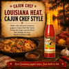 Cajun Chef Louisiana Hot Sauce 6oz, a bottle of spicy Louisiana-style hot sauce with a yellow cap and red label, set against a backdrop of Cajun cuisine and a Louisiana sunset.