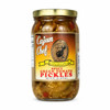 Cajun Chef Spicy Green Tomato Pickles 16oz, glass jar filled with spicy green tomato pickles featuring chunks of green tomatoes, red peppers, and spices in a clear liquid.