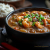 Cajun's Choice Gumbo File 1.4oz, close-up of a bowl of hearty shrimp gumbo with green onions garnished, served with rice in the background.