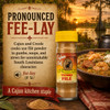 Cajun Chef Gumbo File 1oz, jar of Cajun Chef gumbo file powder with a label featuring a black chef silhouette and red and yellow accents, placed next to a bowl of gumbo stew with shrimp, sausage, and vegetables against a scenic outdoor sunset background.