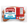 Richards Smoked Pure Pork Sausage 1lb, packaged smoked sausage with clear label displaying product name and nutritional information.