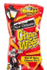 Chee Wees Hot and Spicy 5.5 oz., front view of bright red snack bag featuring a cartoon mouse mascot, vibrant yellow and black text, and spicy cheese curls illustration.