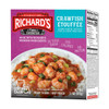 Richards Crawfish Etouffee 11oz, packaged frozen crawfish, vegetables, and rice in a savory tomato sauce on a plate.