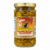 Cajun Chef Nacho Sliced Jalapeno Peppers, jar of sliced jalapenos in olive oil with a gold lid and a label with red, yellow, and black design.