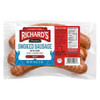 Richards Smoked Pure Pork Sausage Hot 1lb, packaged smoked pork sausage with red and white label showing product name and details.
