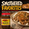 Savoies Dark Roux 16oz 2 Pack, jar of dark roux used for Cajun cuisine, with a plate of Cajun dish featuring rice and flavorful brown gravy.