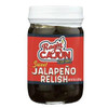 Ragin Cajun Jalapeno Relish 15oz, jar of spicy jalapeno relish with a white lid and red label featuring bold white and yellow text.