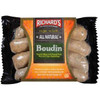 Richard's All Natural Boudin 12oz, packaged sausages in a black plastic wrapper with a green, orange, and white label describing the product as Cajun seasoned, all natural pork boudin.