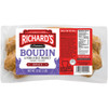Richard's Richards Spicy Boudin 1lb, caramel colored pork and rice sausage in clear plastic packaging.