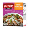 Richard's Richards Shrimp & Okra Gumbo 12oz, packaged cajun shrimp and okra gumbo with rice in a bowl garnished with green onions.