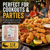 Alligator Filets 5lb, packaged alligator meat fillets showing raw, frozen meat with label, placed on a table with cooked fried alligator pieces, lemon slices, dipping sauces, and a background of people at a gathering, perfect for cookouts and parties.