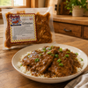 Poche's Pork Grillades 2lb, packaged pork meat in a clear plastic bag with a yellow and white label.