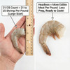 JV Foods Gulf Shrimp Headless 21/25 Ct 5lb, shrimp with head removed, small size, ready to cook, positioned next to a measuring ruler for size reference.