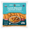 Guidrys Breaded Catfish Strips 2lb, package of crispy breaded catfish fillets in a clear plastic bag with blue label, lemon wedge, and dipping sauce shown in the image.