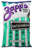 Zapp's Salt & Vinegar Chips 5oz, image of a colorful bag of potato chips with green and white stripes and fleur-de-lis pattern, featuring the Zapp's brand name in purple and a black label indicating salt and vinegar flavor.