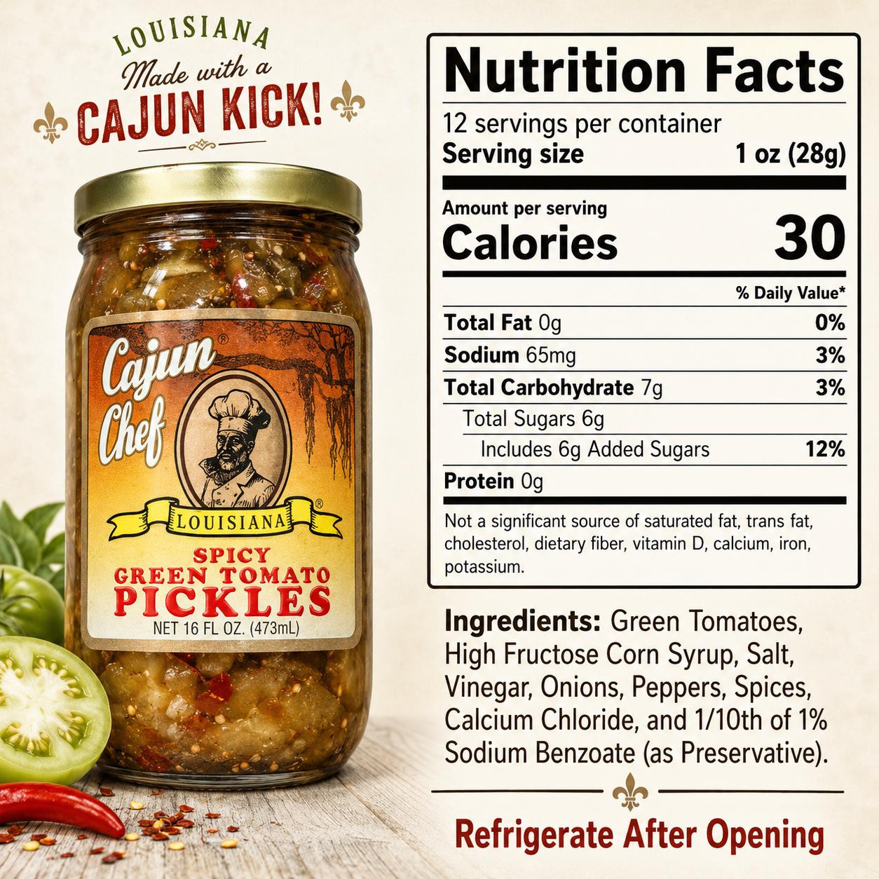 Cajun Chef Spicy Green Tomato Pickles 16oz | Creole.net