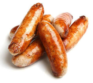 Comeaux's Pork Andouille 5lb, cooked sausages with a shiny, browned exterior arranged on a white background.