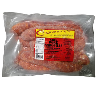 Comeaux's Pork Andouille 5lb, smoked sausage in vacuum seal packaging with red and yellow label.