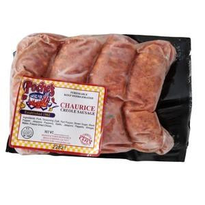 Poche's Poches Chaurice (Fresh) 1lb, packaged fresh sausage in plastic wrapping with label showing product details.