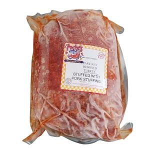 Poche's Poches Deboned Turkey with Pork Stuffing, packaged raw turkey with pork stuffing ready for cooking.