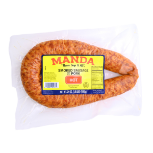 Manda Fine Meats Manda Hot Smoked Pork Sausage 24oz, packaged smoked sausage with bold yellow and red label.