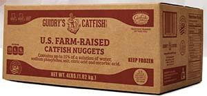 Guidrys Catfish Nuggets 4lb, box displaying U.S. farm-raised catfish nuggets in a brown cardboard packaging.