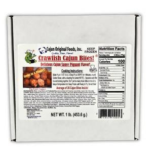 Cajun Original Crawfish Bites 1lb (26 Bites), image of the product packaging showing the label with product details and nutritional facts.
