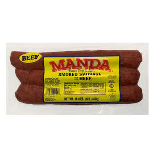 Manda Fine Meats Manda Smoked Beef Sausage 1lb, packaged smoked beef sausage in vacuum-sealed plastic, yellow label with red and black text, net weight 16 oz., ready to cook or eat.