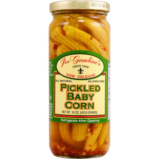Gambino's Pickled Spicy Corn 16oz, jar of pickled baby corn with red chili peppers in a clear glass jar with green, yellow, and red label design.