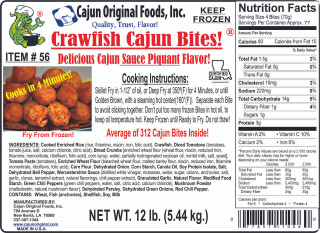 Cajun Original Crawfish Bites 12lb, image showing a package label with cooked crawfish bites, with a photo of the bites on a plate and nutritional information on the label.