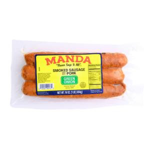 Manda Smoked Green Onion Sausage 1lb, packaged sausages with a colorful label featuring the brand name and product details.