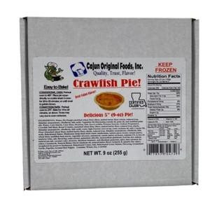 Cajun Original Crawfish Pies 1pk 5in, frozen seafood pies with a label showing product details and nutritional information.