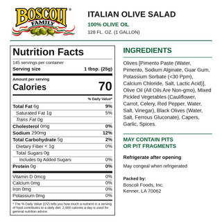 Boscoli Italian Olive Salad 128oz, product label showing 100% olive oil, nutrition facts, ingredients, and a 1-gallon size
