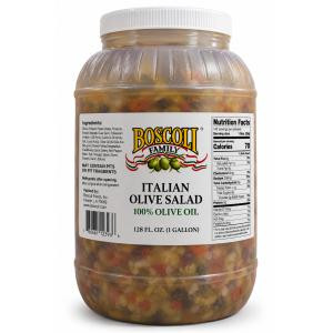Boscoli Italian Olive Salad 128oz, large clear plastic jar with a white lid filled with chopped Italian olive salad, shown against a white background.