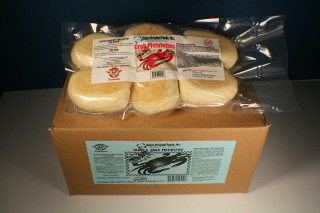 Cajun Original Crab Pistolettes 24 Pack, packaged crab pistolettes inside a clear plastic bag on top of a brown box with product label.