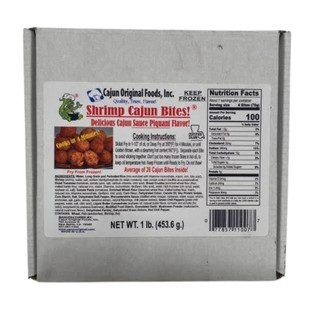 Cajun Original Shrimp Cajun Bites 1lb (26 Bites), packaged frozen shrimp bites in a box with product label