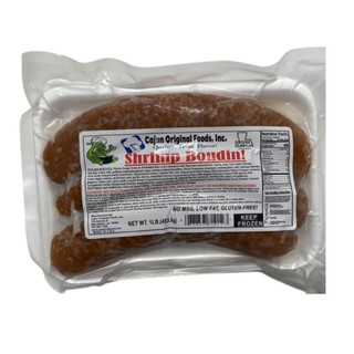 Cajun Original Shrimp Boudin 1lb, packaged seafood sausage in vacuum sealed bag with product label.