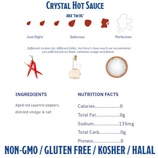Crystal Hot Sauce 12oz, product label featuring ingredients, nutrition facts, and flavor description with red chili peppers, vinegar, and salt, highlighting non-GMO, gluten-free, kosher, and halal certifications.