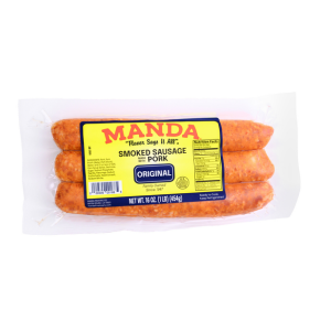 Manda Fine Meats Manda Mild Smoked Pork Sausage Links 1lb, three smoked sausage links with yellow and blue label, in clear plastic packaging