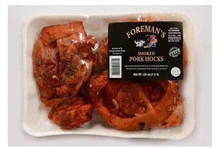 Foreman's Smoked Pork Hocks, packaged smoked pork hocks in a white foam tray with a black label, 1.5lb