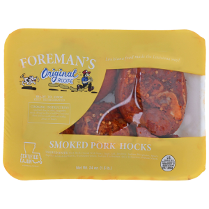 Foreman's Smoked Pork Hocks, packaged smoked pork hocks in a white foam tray with a yellow label, 1.5lb