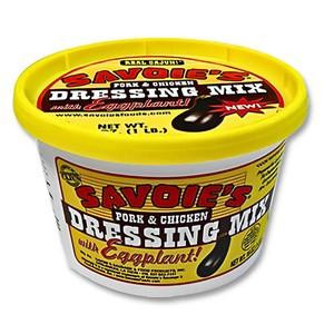 Savoies Eggplant Dressing Mix 16oz, yellow plastic tub with red, black, and white labeling featuring product name and images of eggplants.