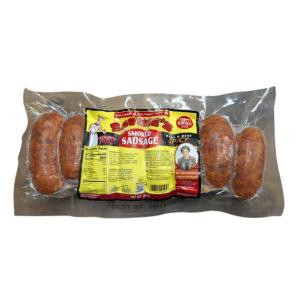 Savoies 16 Links Smoked Hot Mixed Sausage 28oz, packaged smoked hot sausages in clear plastic with a colorful label.