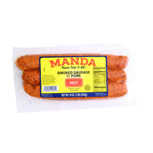 Manda Fine Meats Manda Hot Smoked Pork Sausage Links 1lb, close-up of smoked pork sausage links in plastic packaging with yellow and blue label