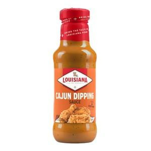 Louisiana Fish Fry Cajun Dipping Sauce 10.5oz, flavorful Cajun dipping sauce in a glass bottle with red cap and label