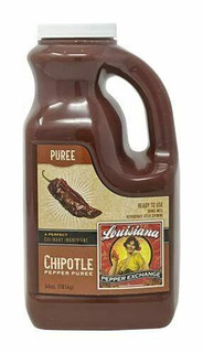 LA Pepper Exchange Chipotle Pepper Puree 64oz Louisiana Pepper Exchange, a large plastic bottle of rich, dark chipotle pepper puree with a handle and label featuring a chili pepper and Louisiana theme.