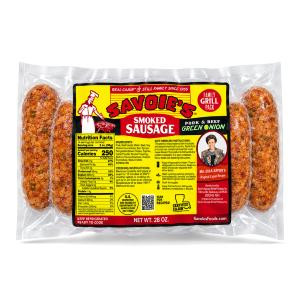 Savoies 16 Links Smoked Mixed Green Onion Sausage 28oz, vacuum-sealed package of smoked sausage links with a red and yellow label