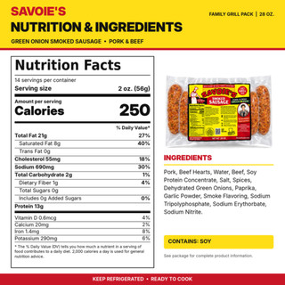 Savoies 16 Links Smoked Mixed Green Onion Sausage 28oz, package nutrition and ingredients image showing the 28-ounce family grill pack of pork and beef smoked green onion sausage alongside Nutrition Facts and ingredient details.